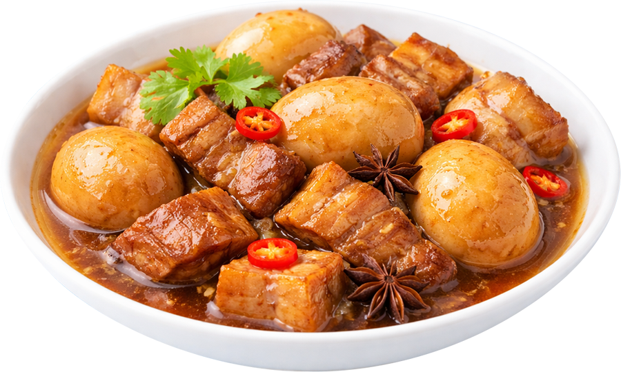 Thịt kho tàu, thịt ba chỉ, trứng vịt, nước dùng, ớt, hoa hồi, món ăn tết, bữa cơm gia đình, ẩm thực việt nam, caramelized pork with eggs, pork belly, duck egg, broth, chili, star anise