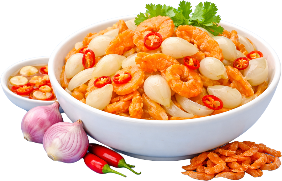 Tôm khô củ kiệu, tôm khô, củ kiệu, ớt, hành tím, nước mắm, món ăn tết, đặc sản, ẩm thực việt nam, dried shrimp with pickled leeks, dried shrimp, pickled leek, chili