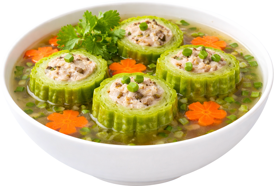 Canh khổ qua nhồi thịt, khổ qua, mướp đắng, thịt băm, cà rốt, hành lá, món canh, bữa cơm gia đình, ẩm thực việt nam, stuffed bitter melon soup, bitter melon, minced pork, carrot, green onion