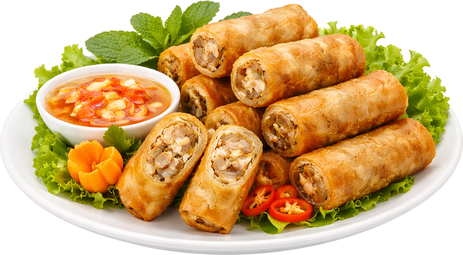 Chả giò, nem rán, chả giò chiên, nước chấm, rau sống, xà lách, húng quế, ớt, món khai vị, đĩa trắng, giòn, fried spring rolls, spring rolls, deep fried, dipping sauce