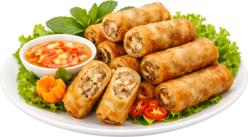 Chả giò, nem rán, chả giò chiên, nước chấm, rau sống, xà lách, húng quế, ớt, món khai vị, đĩa trắng, giòn, fried spring rolls, spring rolls, deep fried, dipping sauce