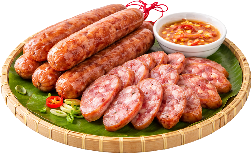 Lạp xưởng, lạp xưởng nướng, lạp xưởng thái lát, nước chấm, ớt, lá chuối, mẹt tre, món ăn ngày tết, ẩm thực việt nam, màu đỏ, chinese sausage, grilled sausage, sliced sausage, dipping sauce