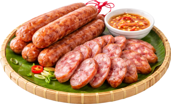 Lạp xưởng, lạp xưởng nướng, lạp xưởng thái lát, nước chấm, ớt, lá chuối, mẹt tre, món ăn ngày tết, ẩm thực việt nam, màu đỏ, chinese sausage, grilled sausage, sliced sausage, dipping sauce