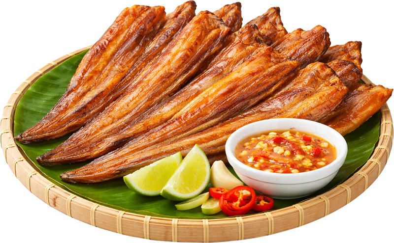 Cá chỉ vàng nướng, cá khô, cá nướng, nước chấm, chanh, tỏi, ớt, mẹt tre, lá chuối, đồ nhắm, grilled yellowstripe scad, dried fish, grilled fish