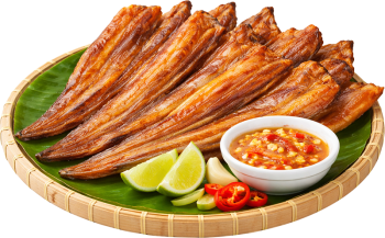 Cá chỉ vàng nướng, cá khô, cá nướng, nước chấm, chanh, tỏi, ớt, mẹt tre, lá chuối, đồ nhắm, grilled yellowstripe scad, dried fish, grilled fish