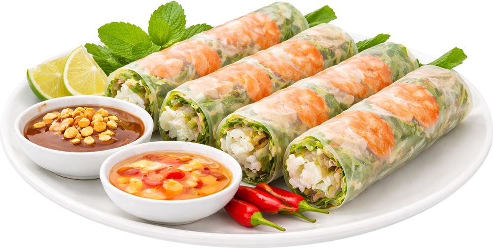 Gỏi cuốn, tôm, bún, rau sống, bánh tráng, nước chấm, tương đậu phộng, chanh, ớt, món khai vị, đĩa trắng, tươi ngon, vietnamese fresh spring rolls, shrimp, rice vermicelli