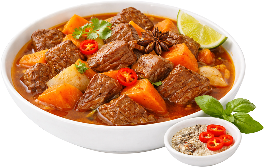 Bò kho, thịt bò, cà rốt, quế hồi, húng quế, chanh, muối tiêu ớt, món hầm, bát trắng, vietnamese beef stew, beef, carrot, star anise, basil, lime, salt and pepper chili, stew, white bowl