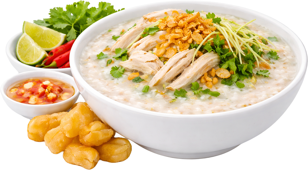 Cháo gà, cháo, thịt gà, hành phi, rau mùi, quẩy, nước mắm, chanh, ớt, bát trắng, chicken congee, porridge, chicken, fried shallots, coriander, breadsticks, fish sauce, lime, chili, white bowl