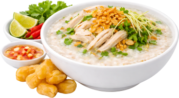 Cháo gà, cháo, thịt gà, hành phi, rau mùi, quẩy, nước mắm, chanh, ớt, bát trắng, chicken congee, porridge, chicken, fried shallots, coriander, breadsticks, fish sauce, lime, chili, white bowl