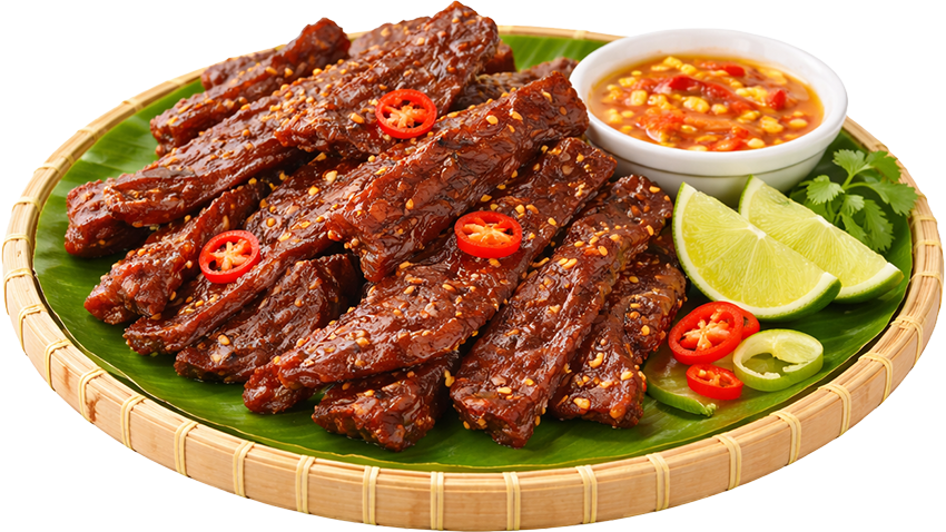Khô bò miếng, thịt bò khô, vừng, ớt, chanh, nước chấm, lá chuối, mẹt tre, đồ nhắm, beef jerky, dried beef, sesame, chili, lime, dipping sauce, banana leaf, bamboo tray, snack