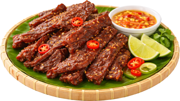 Khô bò miếng, thịt bò khô, vừng, ớt, chanh, nước chấm, lá chuối, mẹt tre, đồ nhắm, beef jerky, dried beef, sesame, chili, lime, dipping sauce, banana leaf, bamboo tray, snack