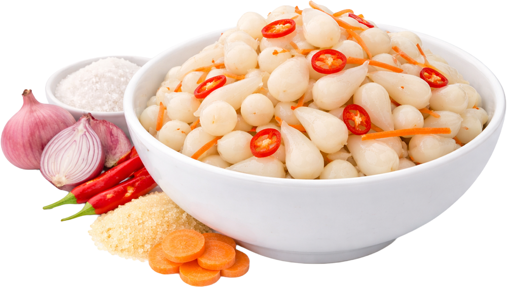 Củ kiệu muối, củ kiệu, cà rốt, ớt, hành tím, đường, muối, món ăn ngày tết, bát trắng, pickled scallion heads, pickled scallions, carrot, chili, red onion, sugar, salt, lunar new year food, white bowl