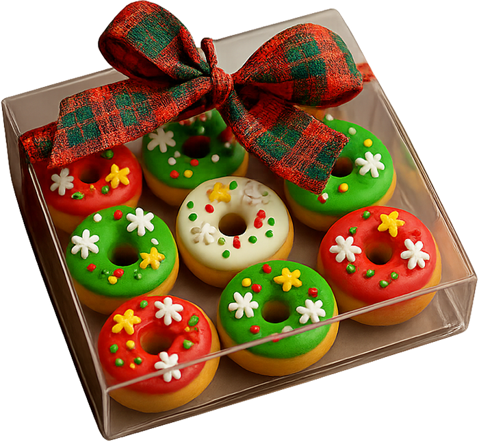Donut, bánh vòng, bánh ngọt, đồ ngọt, giáng sinh, màu đỏ, màu xanh lá, hộp nhựa, nơ, đồ ăn, món tráng miệng, donut, doughnut, cake, sweets, christmas, red, green, plastic box, bow, food, dessert 3