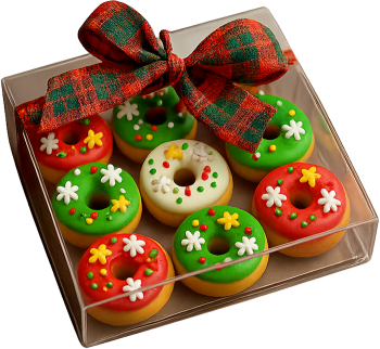 Donut, bánh vòng, bánh ngọt, đồ ngọt, giáng sinh, màu đỏ, màu xanh lá, hộp nhựa, nơ, đồ ăn, món tráng miệng, donut, doughnut, cake, sweets, christmas, red, green, plastic box, bow, food, dessert 3