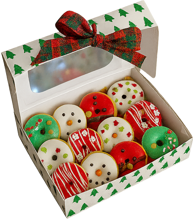 Donut, bánh vòng, bánh ngọt, đồ ngọt, giáng sinh, hộp, người tuyết, đồ ăn, món tráng miệng, màu đỏ, màu xanh lá, donut, doughnut, cake, sweets, christmas, box, snowman, food, dessert, red, green