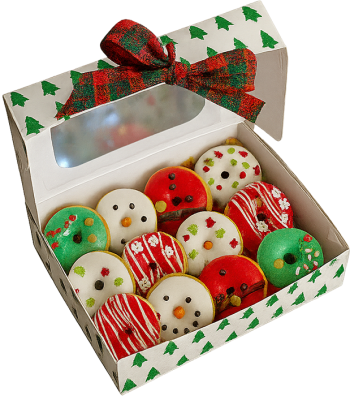 Donut, bánh vòng, bánh ngọt, đồ ngọt, giáng sinh, hộp, người tuyết, đồ ăn, món tráng miệng, màu đỏ, màu xanh lá, donut, doughnut, cake, sweets, christmas, box, snowman, food, dessert, red, green