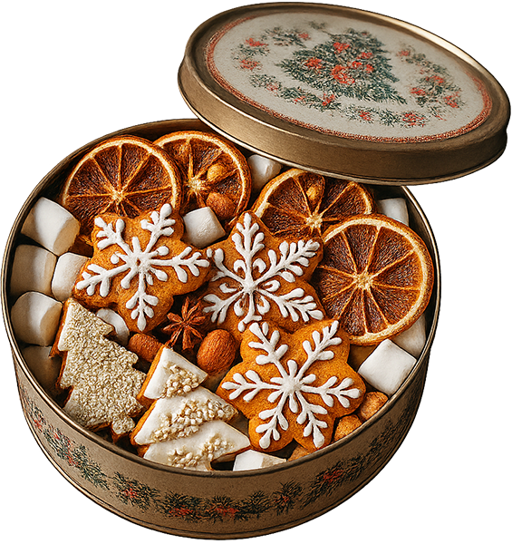 Bánh gừng, bánh quy, hộp thiếc, giáng sinh, kẹo dẻo, cam sấy khô, ngôi sao tuyết, đồ nướng, đồ ngọt, gingerbread, cookie, tin box, christmas, marshmallow, dried orange, snowflake, baked goods, sweets