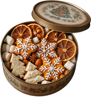 Bánh gừng, bánh quy, hộp thiếc, giáng sinh, kẹo dẻo, cam sấy khô, ngôi sao tuyết, đồ nướng, đồ ngọt, gingerbread, cookie, tin box, christmas, marshmallow, dried orange, snowflake, baked goods, sweets