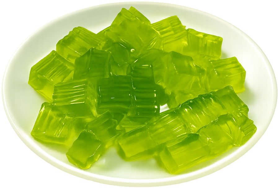 Thạch trà xanh, thạch xanh, thạch rau câu, thạch hình khối, topping, món tráng miệng, green tea jelly, green jelly, jelly, jelly cubes, topping, dessert