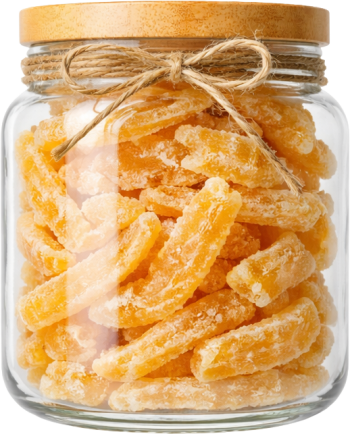 Mứt gừng, hũ thủy tinh, nắp gỗ, lát dài, màu vàng cam, thực phẩm, cay nồng, ăn tết, ginger jam, glass jar, wooden lid, long slices, orange yellow, food, spicy, lunar new year snack