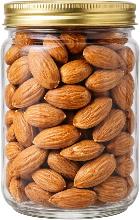 Hạnh nhân, hũ thủy tinh, nắp vàng, hạt, thực phẩm, ăn vặt, dinh dưỡng, almonds, glass jar, gold lid, nuts, food, snack, nutrition