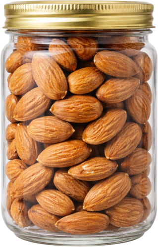 Hạnh nhân, hũ thủy tinh, nắp vàng, hạt, thực phẩm, ăn vặt, dinh dưỡng, almonds, glass jar, gold lid, nuts, food, snack, nutrition