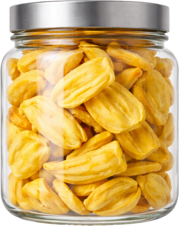 Mít sấy, hũ thủy tinh, nắp bạc, miếng vàng, thực phẩm, ăn vặt, trái cây sấy, dried jackfruit, glass jar, silver lid, yellow slices, food, snack, dried fruit
