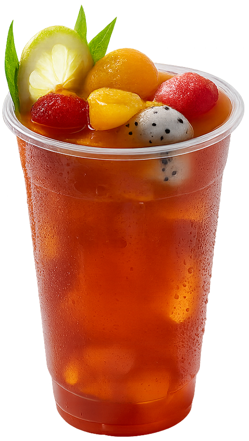 Trà trái cây nhiệt đới, trà đá, thức uống, trái cây, thanh long, dâu tây, chanh, lá dứa, tropical fruit tea, iced tea, drink, fruit, dragon fruit, strawberry, lime, pandan leaf