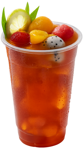 Trà trái cây nhiệt đới, trà đá, thức uống, trái cây, thanh long, dâu tây, chanh, lá dứa, tropical fruit tea, iced tea, drink, fruit, dragon fruit, strawberry, lime, pandan leaf