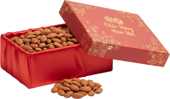 Hạnh nhân, hạt, thực phẩm, hộp quà, chúc mừng năm mới, lót lụa, màu đỏ, hoa văn vàng, almond, nut, food, gift box, happy new year, silk lining, red, golden pattern