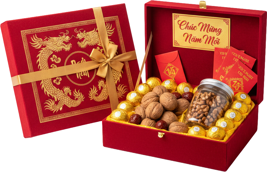 Hộp quà tết, quà tặng, quả óc chó, kẹo socola vàng, bao lì xì, hình rồng, chúc mừng năm mới, màu đỏ, tết nguyên đán, tet gift box, gift, walnut, gold chocolate, red envelope, dragon pattern