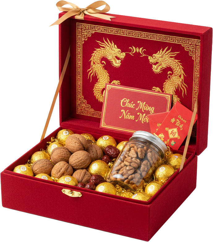 Hộp quà tết, quà tặng, quả óc chó, kẹo socola vàng, bao lì xì, hình rồng, chúc mừng năm mới, màu đỏ, tết nguyên đán, tet gift box, gift, walnut, gold chocolate, red envelope, dragon pattern