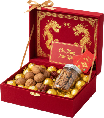 Hộp quà tết, quà tặng, quả óc chó, kẹo socola vàng, bao lì xì, hình rồng, chúc mừng năm mới, màu đỏ, tết nguyên đán, tet gift box, gift, walnut, gold chocolate, red envelope, dragon pattern