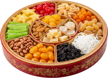 Khay mứt Tết, khay tròn, màu đỏ, hoa văn vàng, mứt trái cây, hạt hướng dương, đậu phộng, mứt dừa, mứt gừng, tết cổ truyền, tet jam tray, round tray, red, gold pattern
