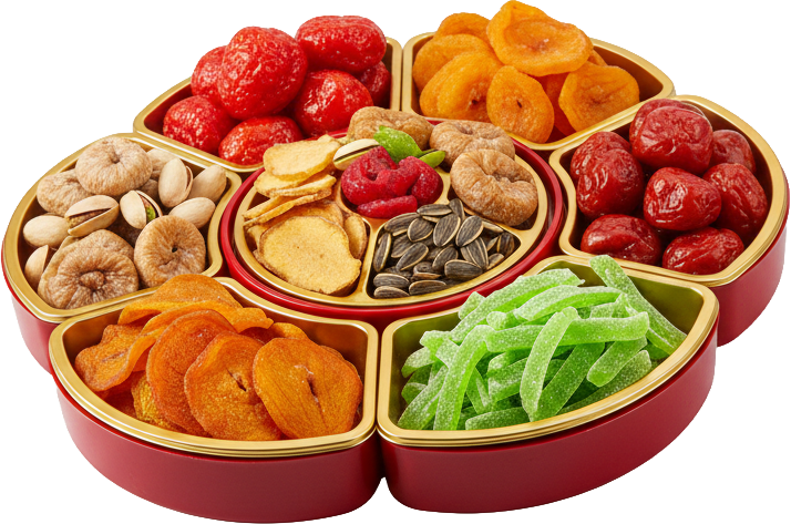 Khay mứt Tết, hình bông hoa, màu đỏ, mứt trái cây, hạt dẻ cười, hạt hướng dương, mứt gừng, mứt vỏ bưởi, sang trọng, tet jam tray, flower shape, red, fruit jam, pistachios