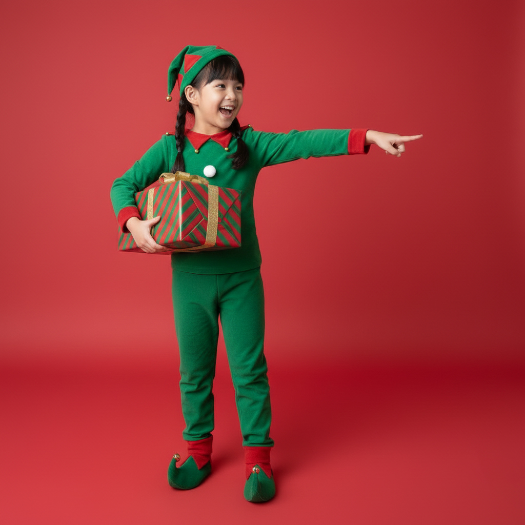 Bé gái, trẻ em, giáng sinh, trang phục yêu tinh, hộp quà, vui vẻ, asian girl, child, christmas, elf costume, gift box, cheerful