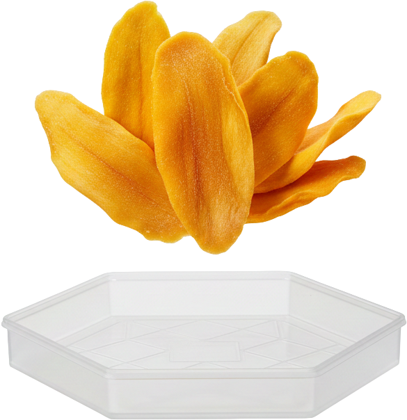 Xoài sấy, mứt xoài, khay nhựa, trong suốt, màu vàng, ngọt, trái cây sấy, dried mango, candied mango, plastic tray, transparent, yellow, sweet, dried fruit