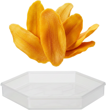 Xoài sấy, mứt xoài, khay nhựa, trong suốt, màu vàng, ngọt, trái cây sấy, dried mango, candied mango, plastic tray, transparent, yellow, sweet, dried fruit