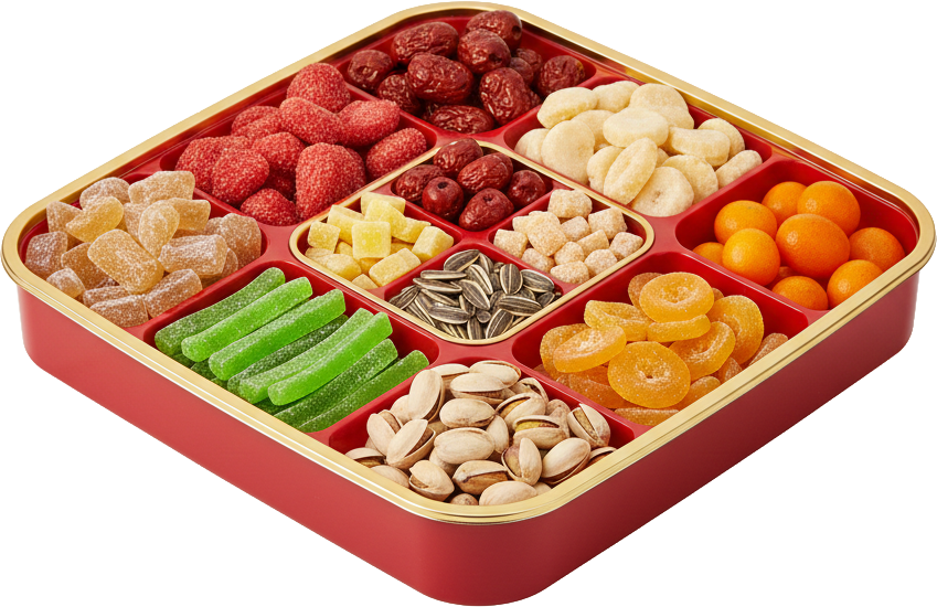 Khay mứt Tết, khay vuông, màu đỏ, mứt trái cây, hạt hướng dương, hạt dẻ cười, mứt táo, mứt bí, tết cổ truyền, tet jam tray, square tray, red, fruit jam, sunflower seeds