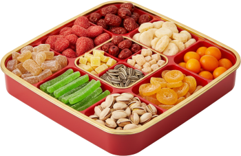 Khay mứt Tết, khay vuông, màu đỏ, mứt trái cây, hạt hướng dương, hạt dẻ cười, mứt táo, mứt bí, tết cổ truyền, tet jam tray, square tray, red, fruit jam, sunflower seeds