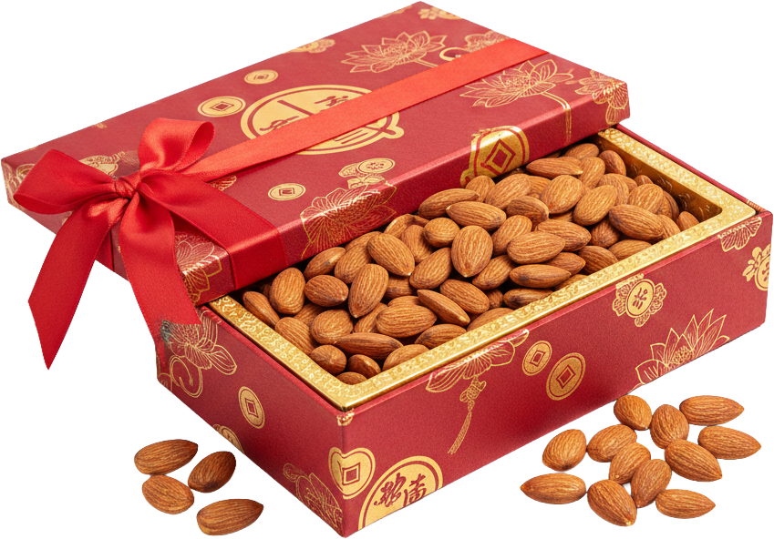 Hạnh nhân, hạt, thực phẩm, hộp quà, quà tết, màu đỏ, nơ, hoa văn vàng, tết nguyên đán, almond, nut, food, gift box, tet gift, red, bow, golden pattern, lunar new year 5
