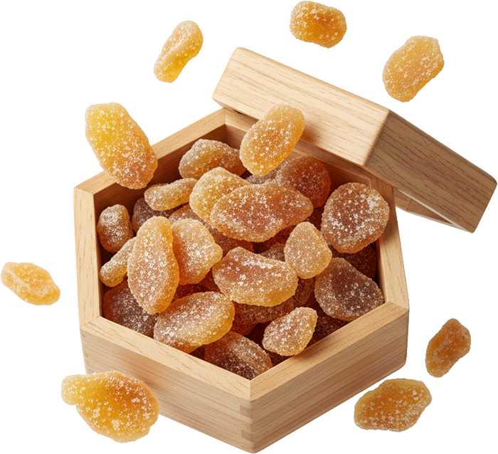 Mứt gừng, kẹo dẻo, hộp gỗ, rơi, thực phẩm, ăn vặt, phủ đường, màu vàng, ginger jam, gummy candy, wooden box, falling, food, snack, sugar coated, yellow