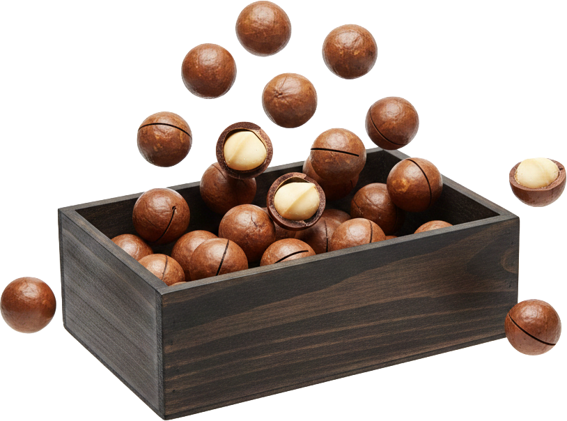 Hạt mắc ca, hạt, hộp gỗ, rơi, thực phẩm, ăn vặt, vỏ nâu, nhân trắng, macadamia, nut, wooden box, falling, food, snack, brown shell, white kernel