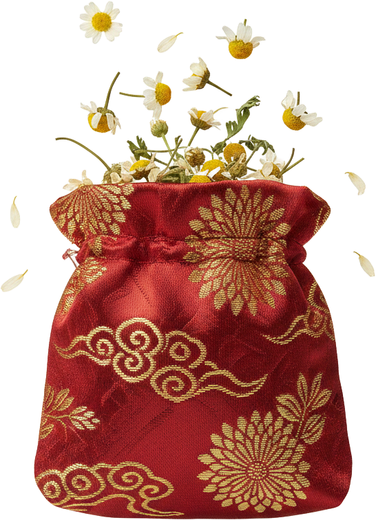 Hoa cúc khô, túi gấm đỏ, họa tiết vân mây, thảo mộc, trà hoa, tết, quà tặng, Chamomile bag, dried chamomile, red silk bag, cloud pattern, herbal, flower tea, lunar new year, gift