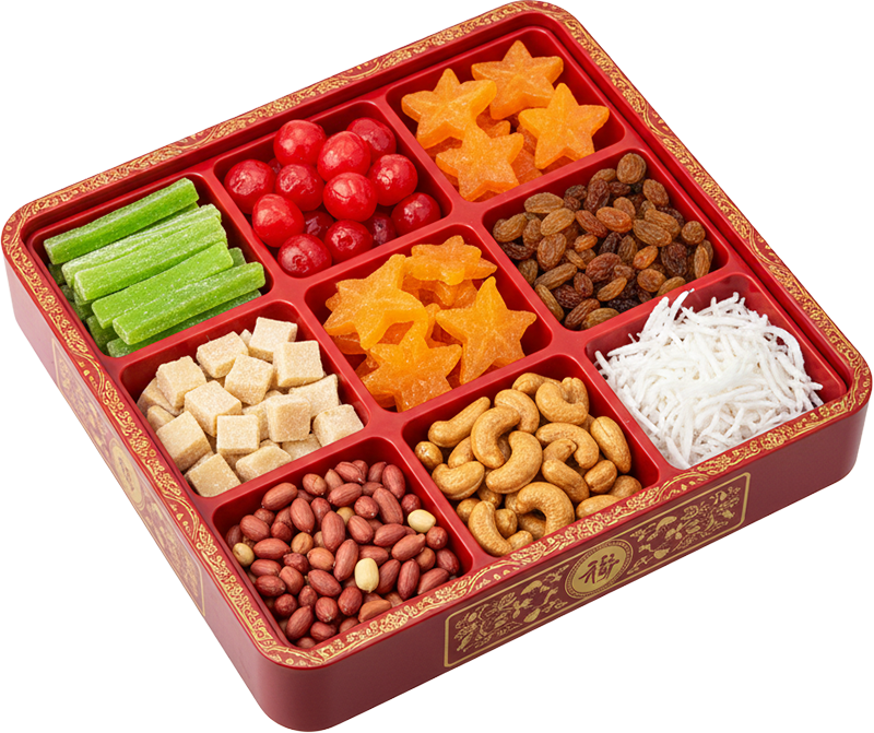 Khay mứt Tết, khay vuông, màu đỏ, chữ hán, mứt dừa, hạt điều, đậu phộng, mứt khế, mứt bí, quà biếu, tet jam tray, square tray, red, chinese characters, coconut jam, cashew nuts