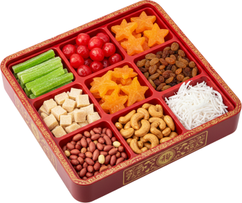 Khay mứt Tết, khay vuông, màu đỏ, chữ hán, mứt dừa, hạt điều, đậu phộng, mứt khế, mứt bí, quà biếu, tet jam tray, square tray, red, chinese characters, coconut jam, cashew nuts