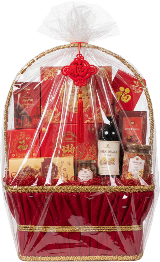 Giỏ quà tết đỏ, rượu vang, hộp quà, nút thắt đồng tâm, màng co, giỏ mây, quà tặng cao cấp, red tet gift basket, wine, gift boxes, chinese knot, shrink wrap, wicker basket, premium gift