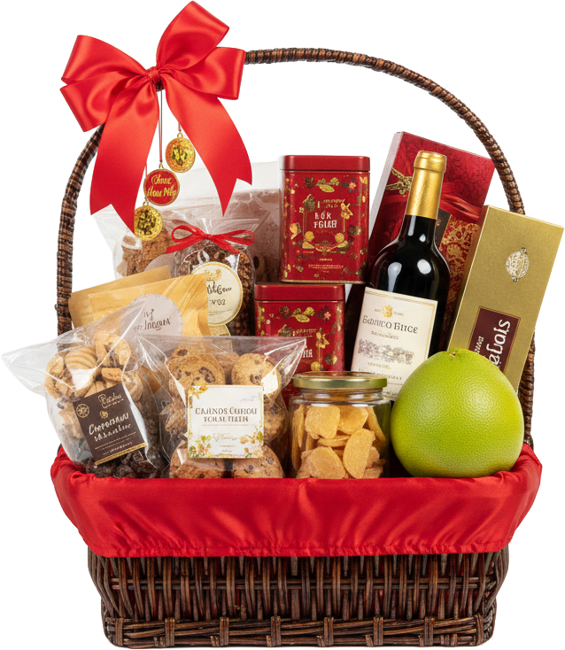 Giỏ quà tết, rượu vang, bánh quy, trái bưởi, trà, nơ đỏ, giỏ mây, quà biếu, sang trọng, tet gift basket, wine, cookies, pomelo, tea, red ribbon, wicker basket, present, luxury