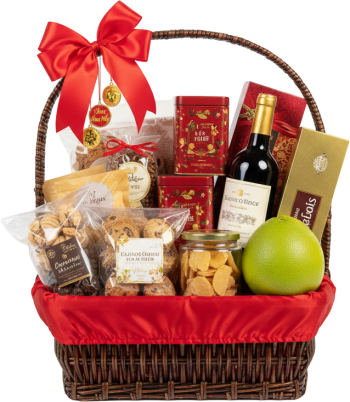 Giỏ quà tết, rượu vang, bánh quy, trái bưởi, trà, nơ đỏ, giỏ mây, quà biếu, sang trọng, tet gift basket, wine, cookies, pomelo, tea, red ribbon, wicker basket, present, luxury
