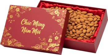 Hạnh nhân, hạt, thực phẩm, hộp quà, chúc mừng năm mới, lót lụa, màu đỏ, tết nguyên đán, hoa mai, almond, nut, food, gift box, happy new year, silk lining, red, lunar new year, apricot blossom